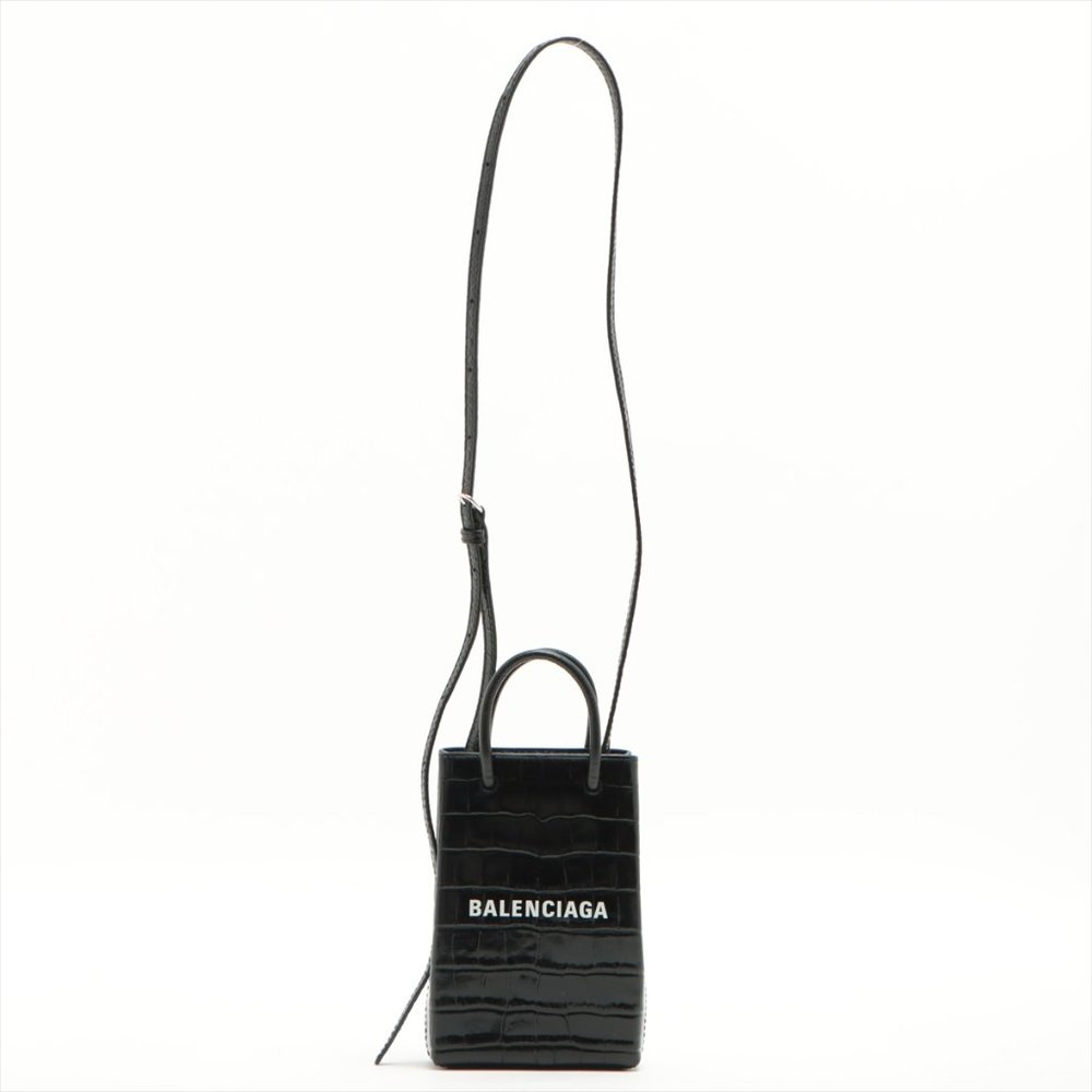 Balenciaga Shopping Phone Holder Croc-Embossed Crossbody Black